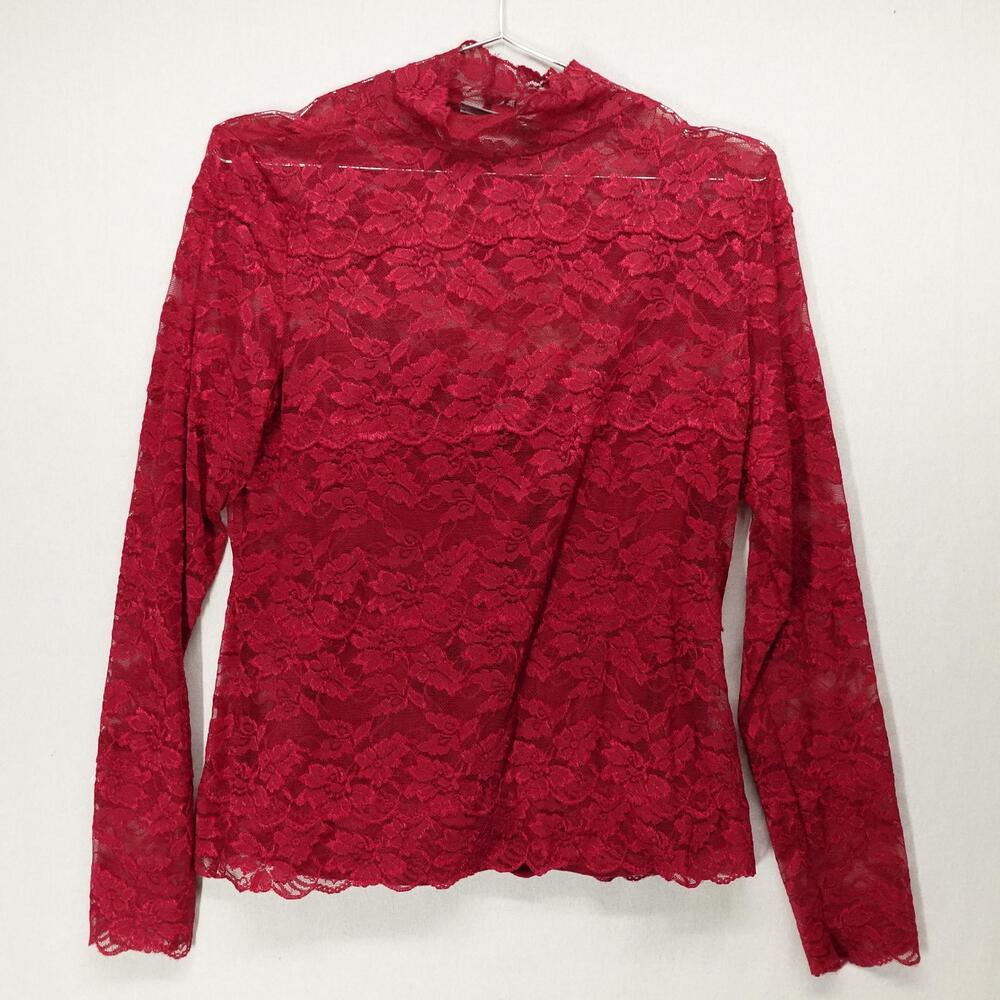 Red Lace Top Womens Medium Floral Fairy Romantic Whimsigoth Lined Long Sleeve